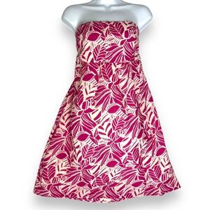 American Eagle Strapless Dress Pink Leaf Crinkled Smocked Lined Y2K Size‎ 14